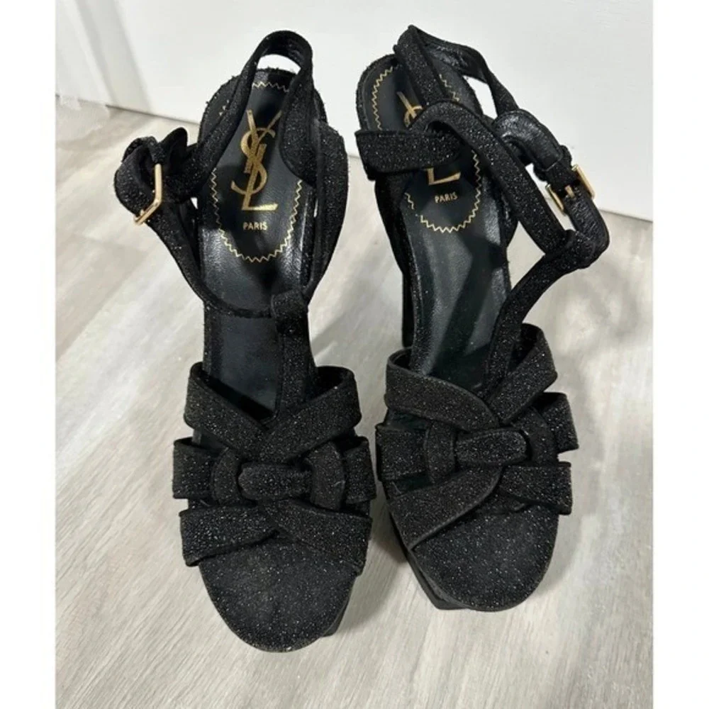 Yves Saint Laurent YSL Tribute Glitter Platform Sandals Heels Black Size 39-8.5 - Picture 2 of 12